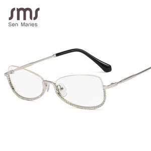 Half Frame Computer Glasses Frame Women Diamond Glasses Frames Men Women Optical Flat Mirror Clear Prescription Lens