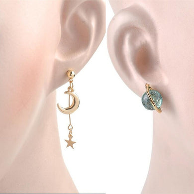 Fashion Harajuku Dissymmetry Planet Moon Star Asymmetric Ear Stud Earring For Women