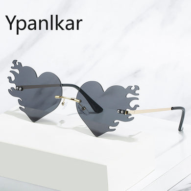 Heart Fire Sunglasses Women Rimless Sunglass Vintage Sun Glass Men  Brand Design Eyewear UV400 Black Red Shades