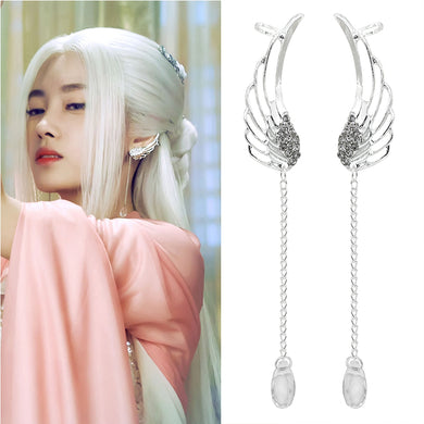 Fashion Hollow Angel Wings Earrings For Women Lovely Rhinestones Long Tassel Ear Cuff Clip Jewelry Animal Wing Earrings Brincos