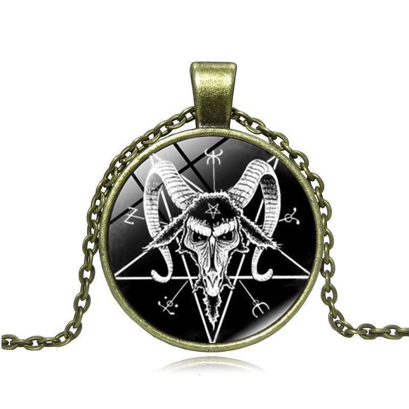 Fashion Inverted Pentagram Goat Pan God Skull Head Pendant Necklace Satanism Occult Metal vintage silver star statement Jewelry