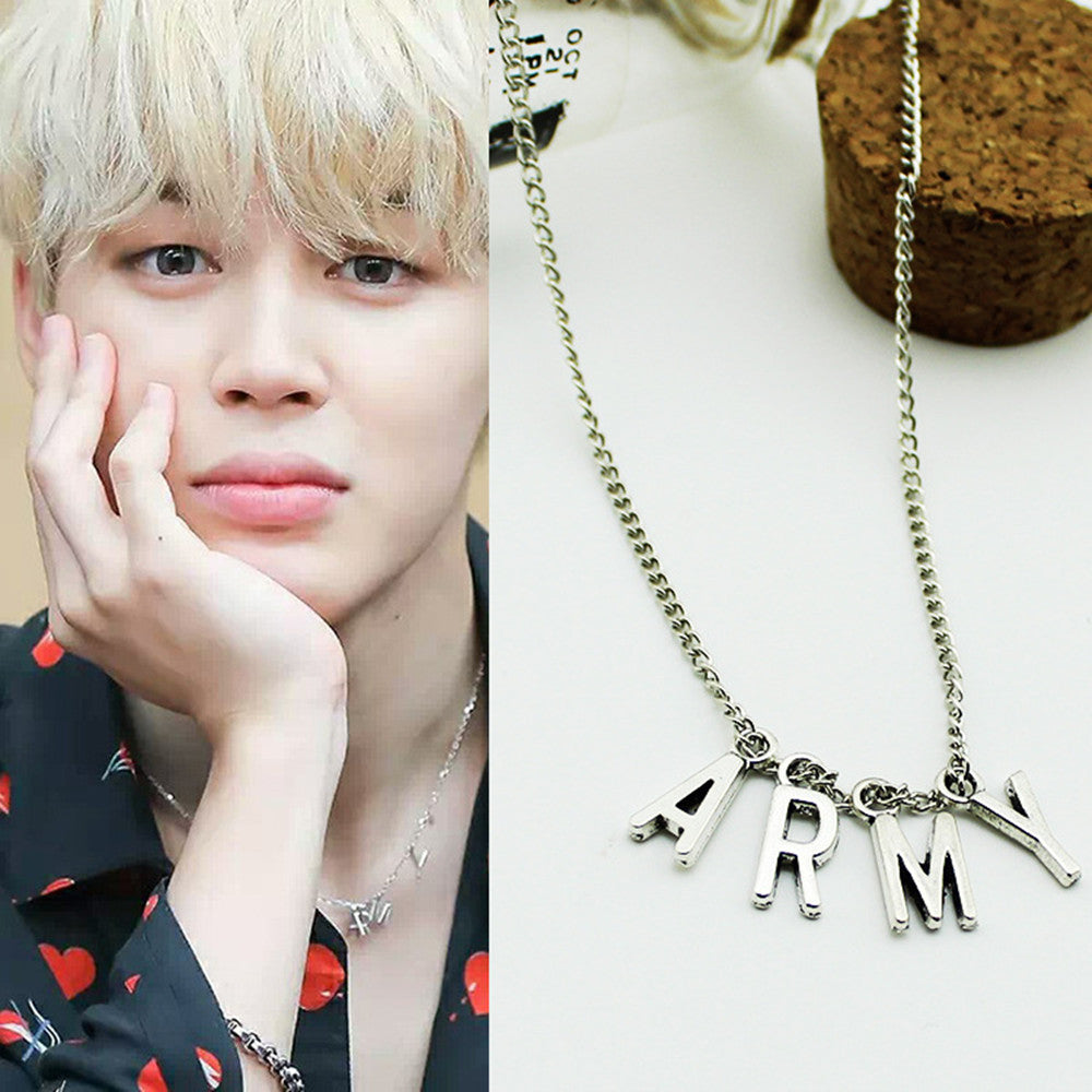 Fashion BTS Jimin ARMY NecklaceBangtan Boys A.R.M.Y Pendant Silver Metal Necklace Jewelry