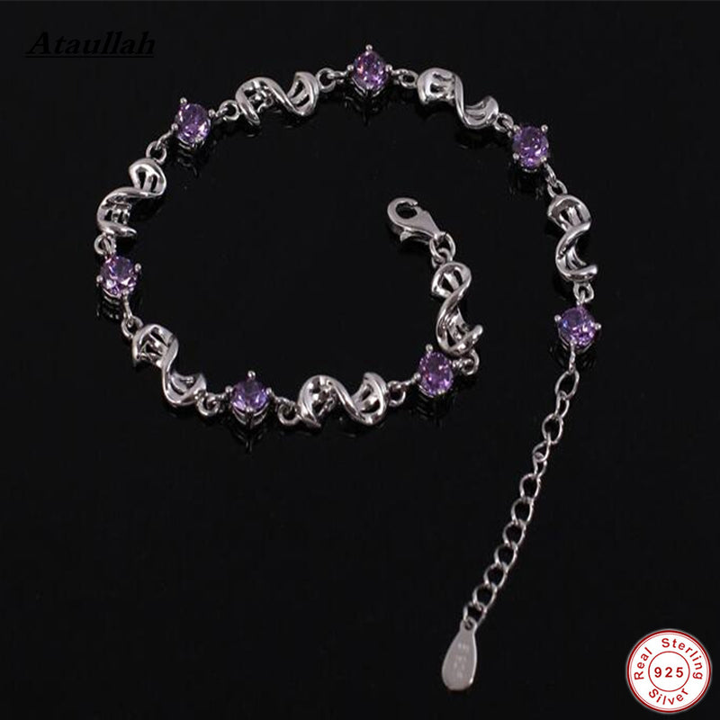Fashion Love Real Natural Purple Crystal 925 Silver Bracelets for Women Fine Sterling-Silver-Jewelry Brand SSB003