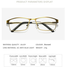 Load image into Gallery viewer, Metal Anti Blue Ray Reading Glasses Full Frame Square Gold  Presbyopic Glasses Comfortable Computer Eyeglasses Men Women