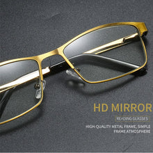 Load image into Gallery viewer, Metal Anti Blue Ray Reading Glasses Full Frame Square Gold  Presbyopic Glasses Comfortable Computer Eyeglasses Men Women