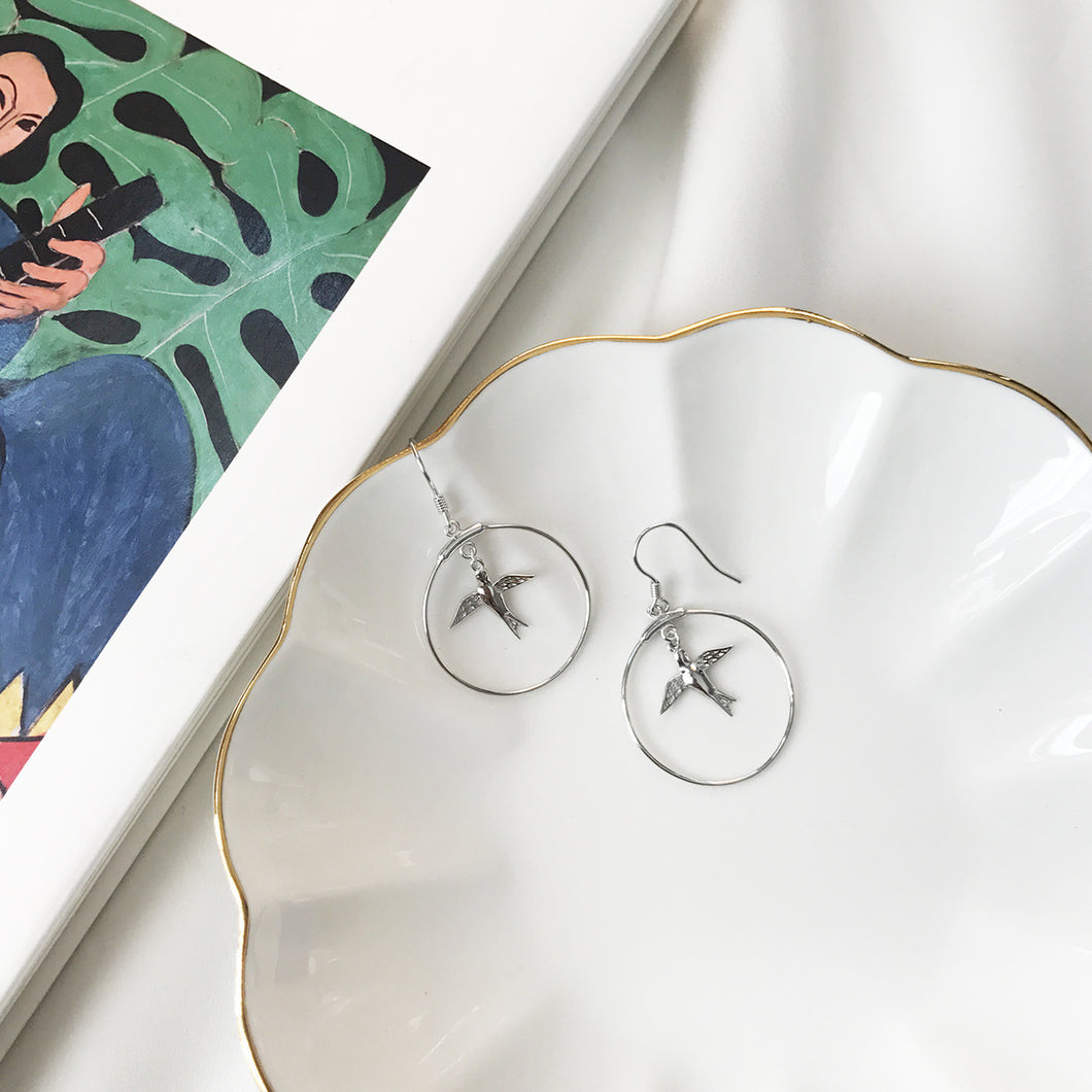 Fashion New New Real South Korea Real Silver overall S925 pure silver swallow swallow earrings simple circle earrings earrings