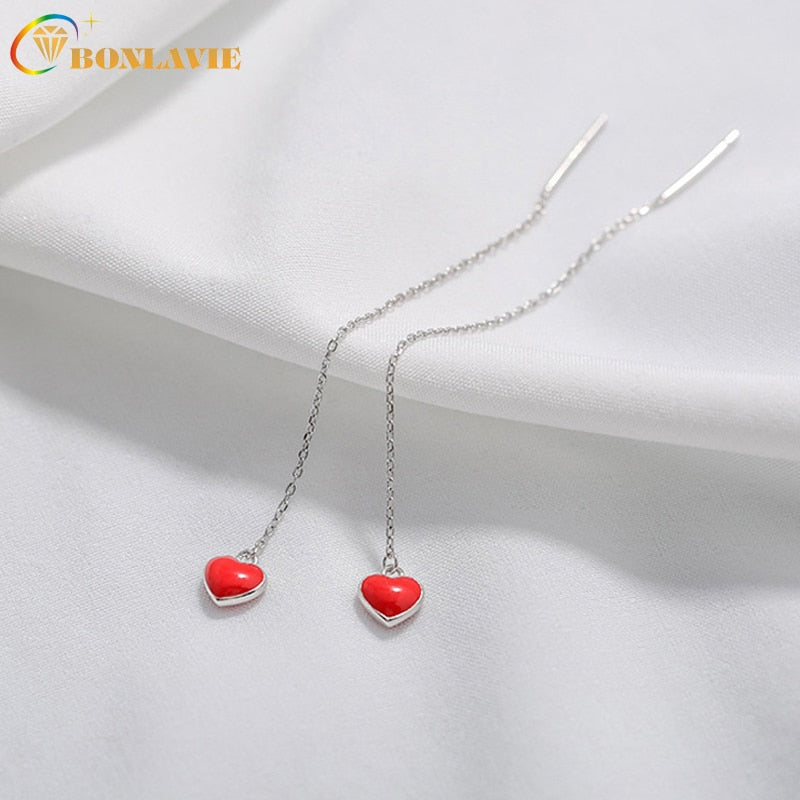 Fashion New Sweety Long Ear Wire Drop Earrings Simple Cute Drop Oil Red Heart Dangle Pendientes For Women Fashion Brincos