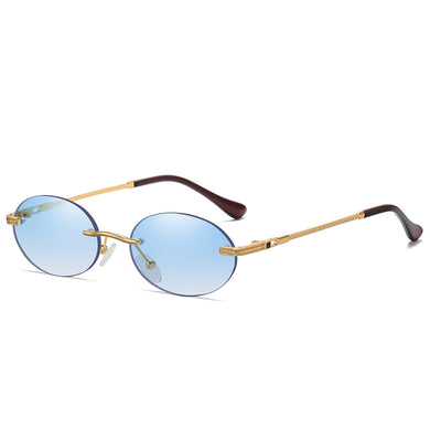 Oval Sunglasses Small Rimless Shades  Brand Designer Women Men Metal Blue Sun glasses  UV400 Eyewear