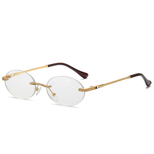 Oval Sunglasses Small Rimless Shades  Brand Designer Women Men Metal Blue Sun glasses  UV400 Eyewear