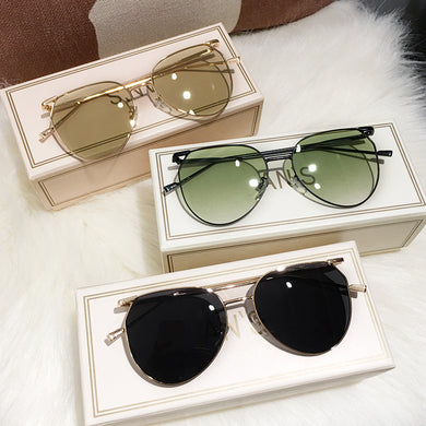 Oversized Pilot Metal Green Sunglasses Women 2023 Brand Design Retro 90s Square Frame Gradient Lens Sun Glasses Shades