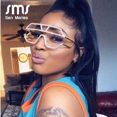 Oversized Square Diamond Sunglasses Women  Brand Designer One-piece Glasses Metal Rhinestone Eyeglasses oculos