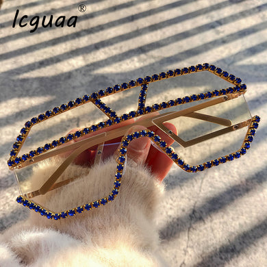 Oversized Square Diamond Sunglasses Women  Brand Designer One-piece Glasses Metal Rhinestone Eyeglasses oculos