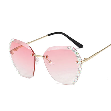 Pink Rimless Sunglasses Women  Gradient Diamond Sun Glasses Female Metal Frameless Polygon Big Frame Oculos De Sol