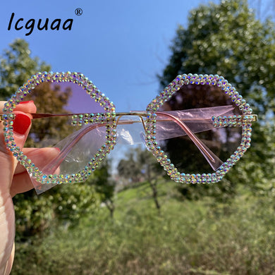 Polygon Sunglasses Women Brand Designer Eyewear Sun Glasses Shiny Diamond Shades Female Retro Frame Glasses UV400
