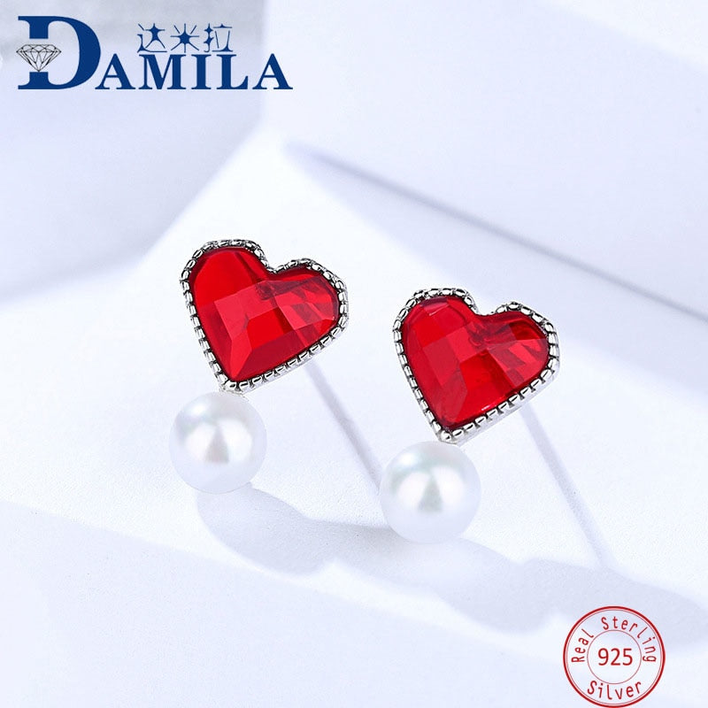 Fashion Red heart 925 sterling silver earrings for women Silver 925 jewelry stud earrings shell stone earing for female girls