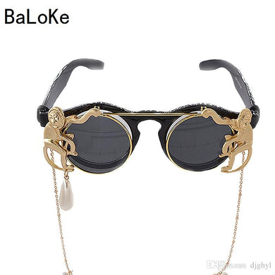 Retro Round Monkey Metal Chains Decoration Baroque Sunglasses Women Designer Clamshell Cool Eyewear Jewelry