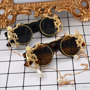 Retro Round Monkey Metal Chains Decoration Baroque Sunglasses Women Designer Clamshell Cool Eyewear Jewelry