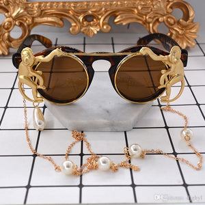 Retro Round Monkey Metal Chains Decoration Baroque Sunglasses Women Designer Clamshell Cool Eyewear Jewelry