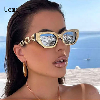 Retro Women Cat Eye Sunglasses Small Frame  Designer Metal Chain Legs Vintage Punk Driving Sun Glasses UV400