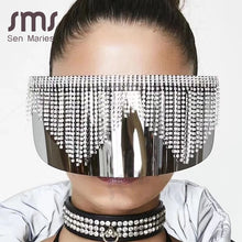 Carica l&#39;immagine nel visualizzatore di Gallery, Occhiali da sole a specchio oversize con strass Donna Uomo Maschera con montatura grande Protezione per gli occhi con diamanti Occhiali argento Paralume UV400