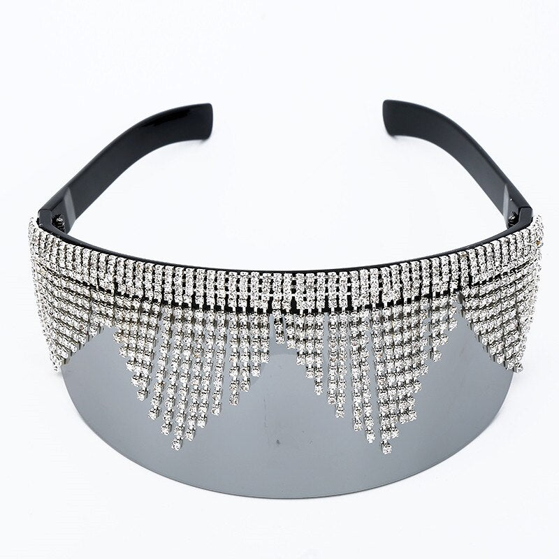 Occhiali da sole a specchio oversize con strass Donna Uomo Maschera con montatura grande Protezione per gli occhi con diamanti Occhiali argento Paralume UV400