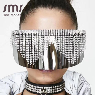Rhinestone Oversized Mirror Sunglasses Women Men  Big Frame Mask Diamond Eye Protection Silver Glasses Shade UV400