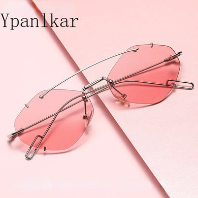 Rimless Polygonal Sunglasses Women Double Bridge Glasses Retro Sunglass  Designer Eyewear UV400 Sun Glass Shades