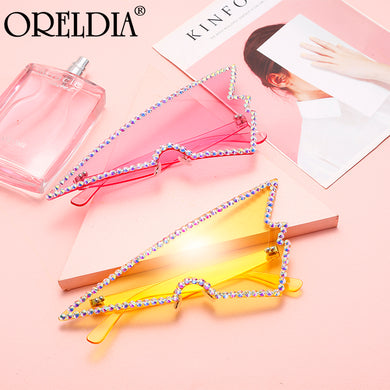 Rimless Triangle Rhinestone Sunglasses Ladies Retro Transparent Ocean Lens Glasses Men Pink Yellow Sunglasses UV400