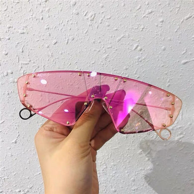 Rivet Cat Eye Sunglasses Women  One Piece Irregular Mirror Purple Pink Colorful Glasses Men Women Vintage Eyewear