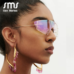 Rivet Cat Eye Sunglasses Women  One Piece Irregular Mirror Purple Pink Colorful Glasses Men Women Vintage Eyewear