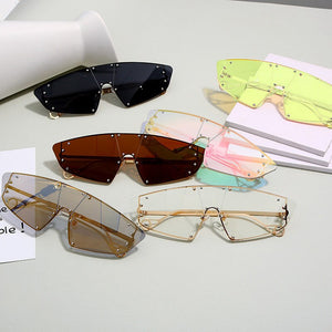 Rivet Cat Eye Sunglasses Women  One Piece Irregular Mirror Purple Pink Colorful Glasses Men Women Vintage Eyewear