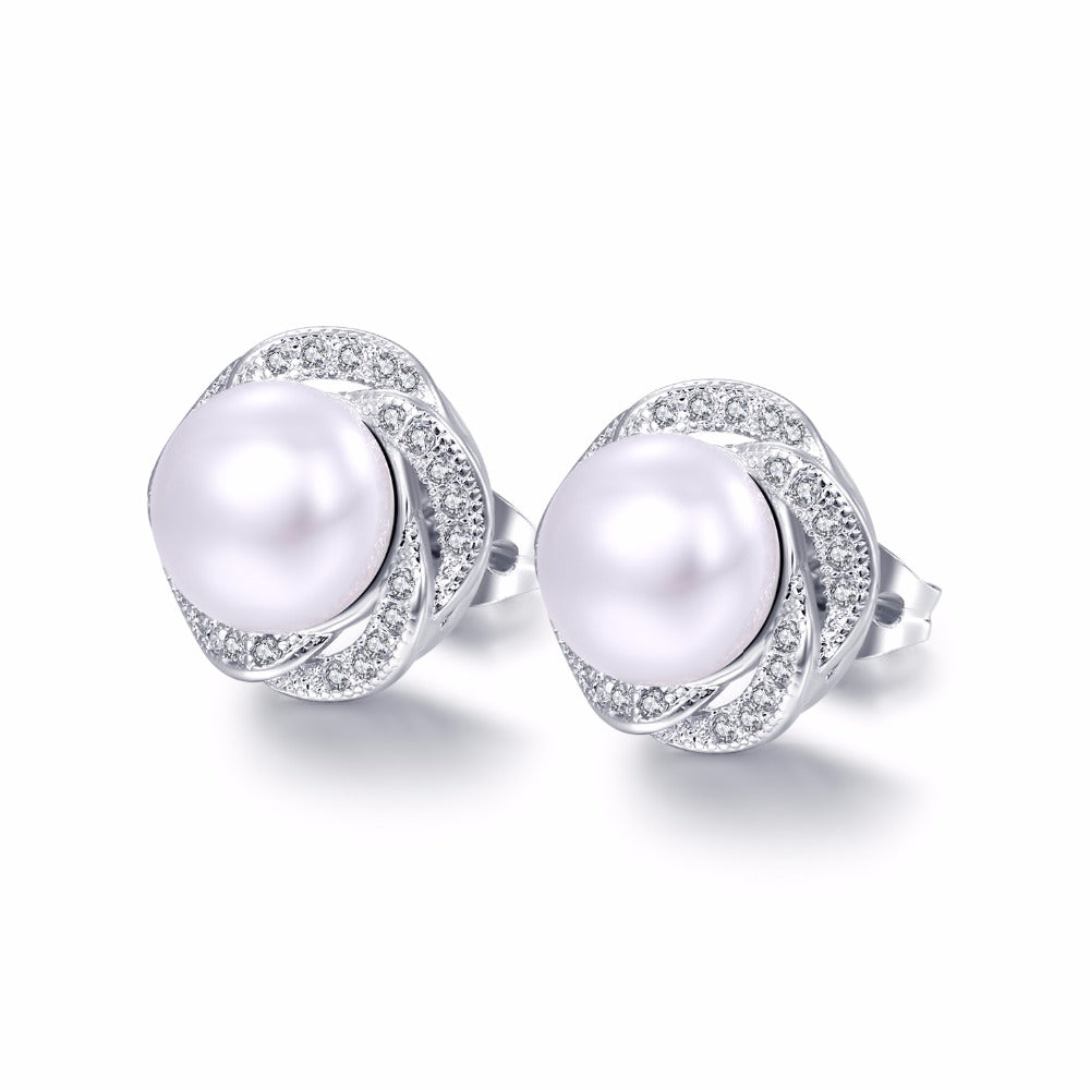 Fashion Rose Design Simulated Pearl Earrings For Women Inlaid Dazzling Zirconia Jewelry Gift For Bridesmaid Girlfriend HD683