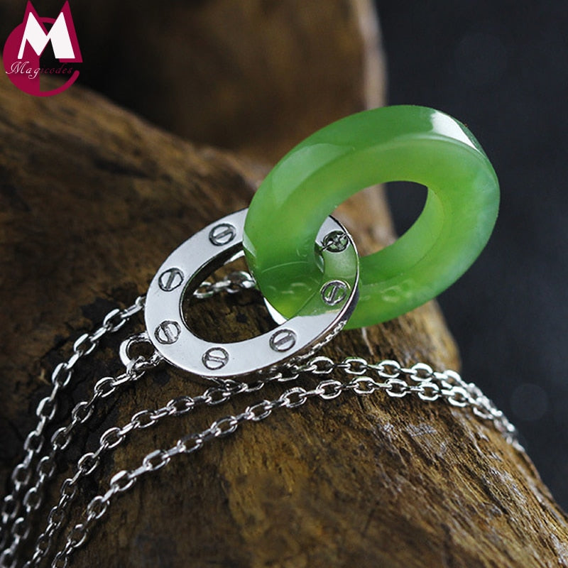 Fashion Round Natural Jasper Necklace Women 100% 925 Sterling Silver Necklace & Pendants Fine Long Chain Jade Jewelry Gifts SN13
