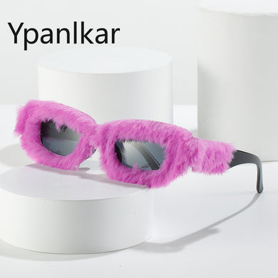 Small Rectangle Sunglasses Women Retro Soft Plush Decoration Shades UV400 Men Trending Blue Pink Sun Glasses