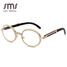 Load image into Gallery viewer, Small Round Diamond Sunglasses Men  Transparent Clear Lens Women Oval Crystal Wood Glasses Rhinestone oculos