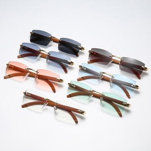 Square Rimless Classic Men's Sunglasses Wooden Frame Women Rectangle Small Lens Male Driving Sun Glasses UV400 Shades
