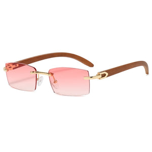 Square Rimless Classic Men's Sunglasses Wooden Frame Women Rectangle Small Lens Male Driving Sun Glasses UV400 Shades