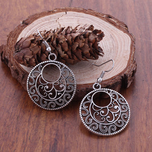 Fashion Statement Bohemian Vintage Ethnic Tibetan Silver Long Big Hollow Round Drop Earring Carved Flowers Drop Earrings Women