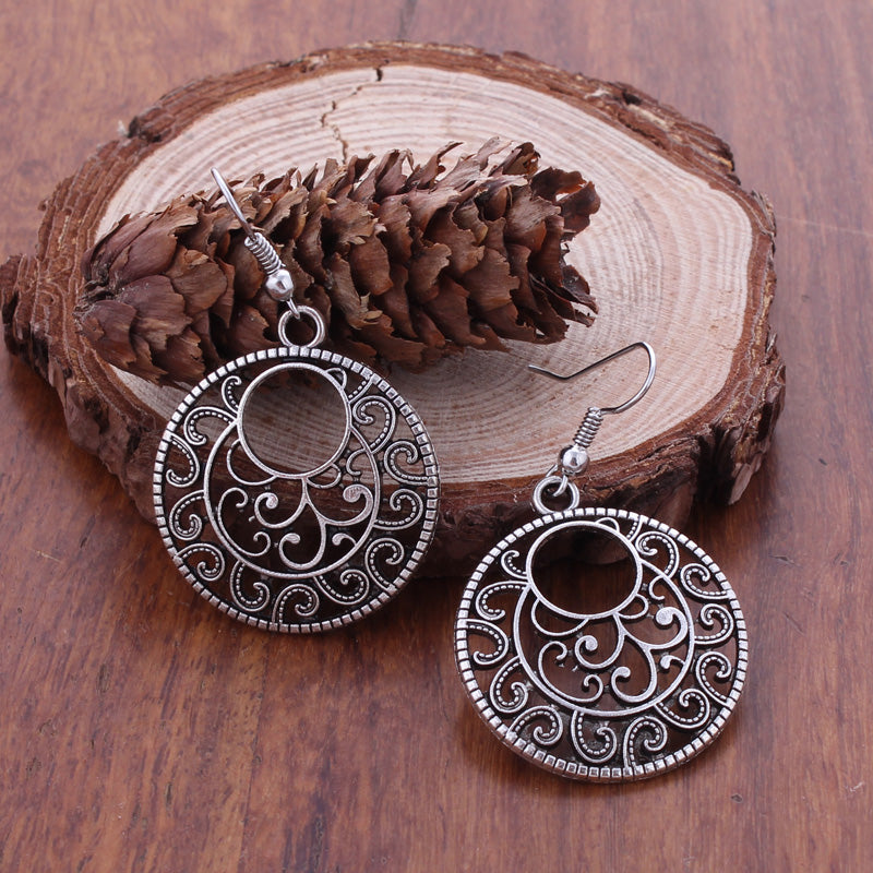 Fashion Statement Bohemian Vintage Ethnic Tibetan Silver Long Big Hollow Round Drop Earring Carved Flowers Drop Earrings Women