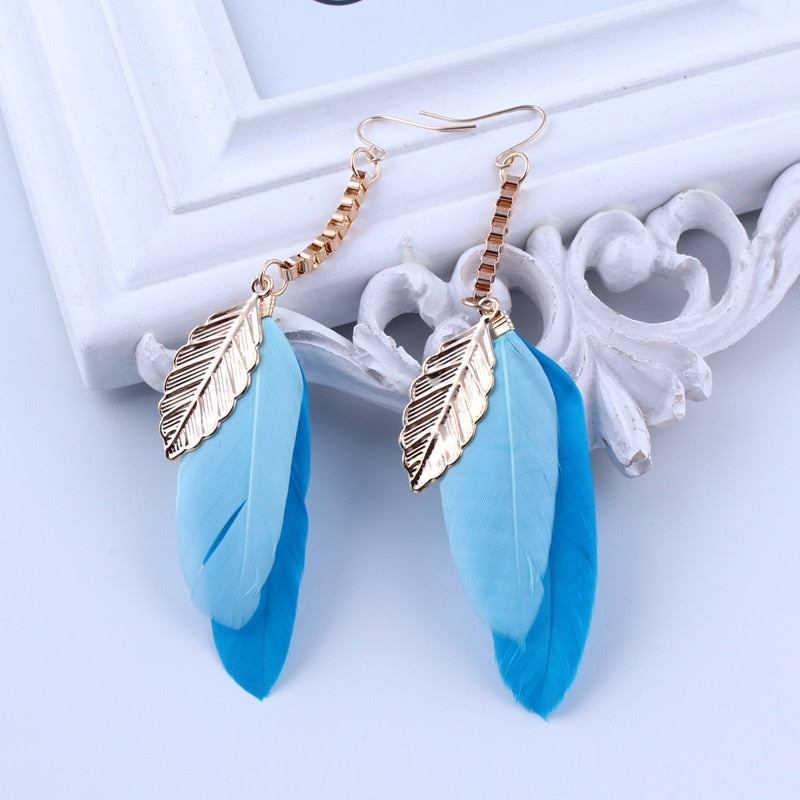 Fashion Statement Vintage Ethnic Boho Gypsy India Earrings Gold Color Long Chain Leaves Blue Feather Drop Earrings For Women
