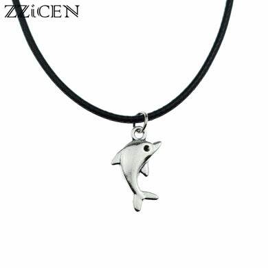 Fashion Tibetan Silver Cute Dolphin Pendants Leather Chain Vintage Necklaces for Women Men Lucky Valentines Gift Jewelry