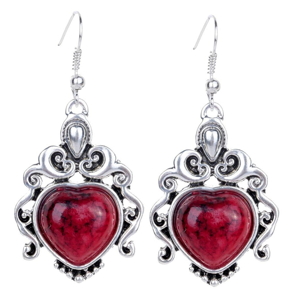 Fashion Unique Hollow Out Carved Tibet Silver Heart-Shaped Red Hook Earrings For Women