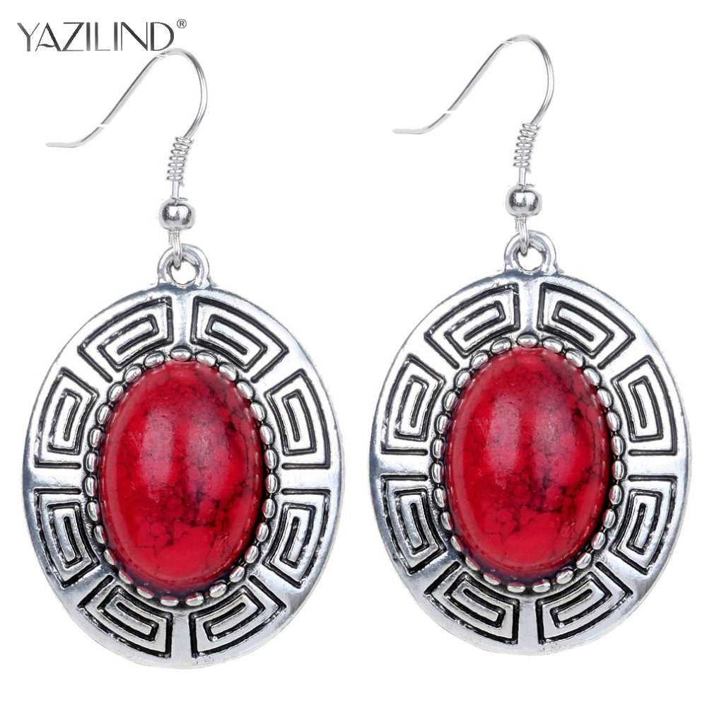 Fashion Vintage Earrings Party Jewelry Tibet Silver Oval Red Hook Earrings For Women