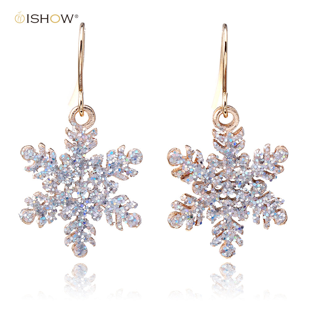 Fashion Women Drop Earrings Gold-Color Hollow Snowflake With Sequins Lovely Christmas Jewelry Christmas Earring For Women Gifts