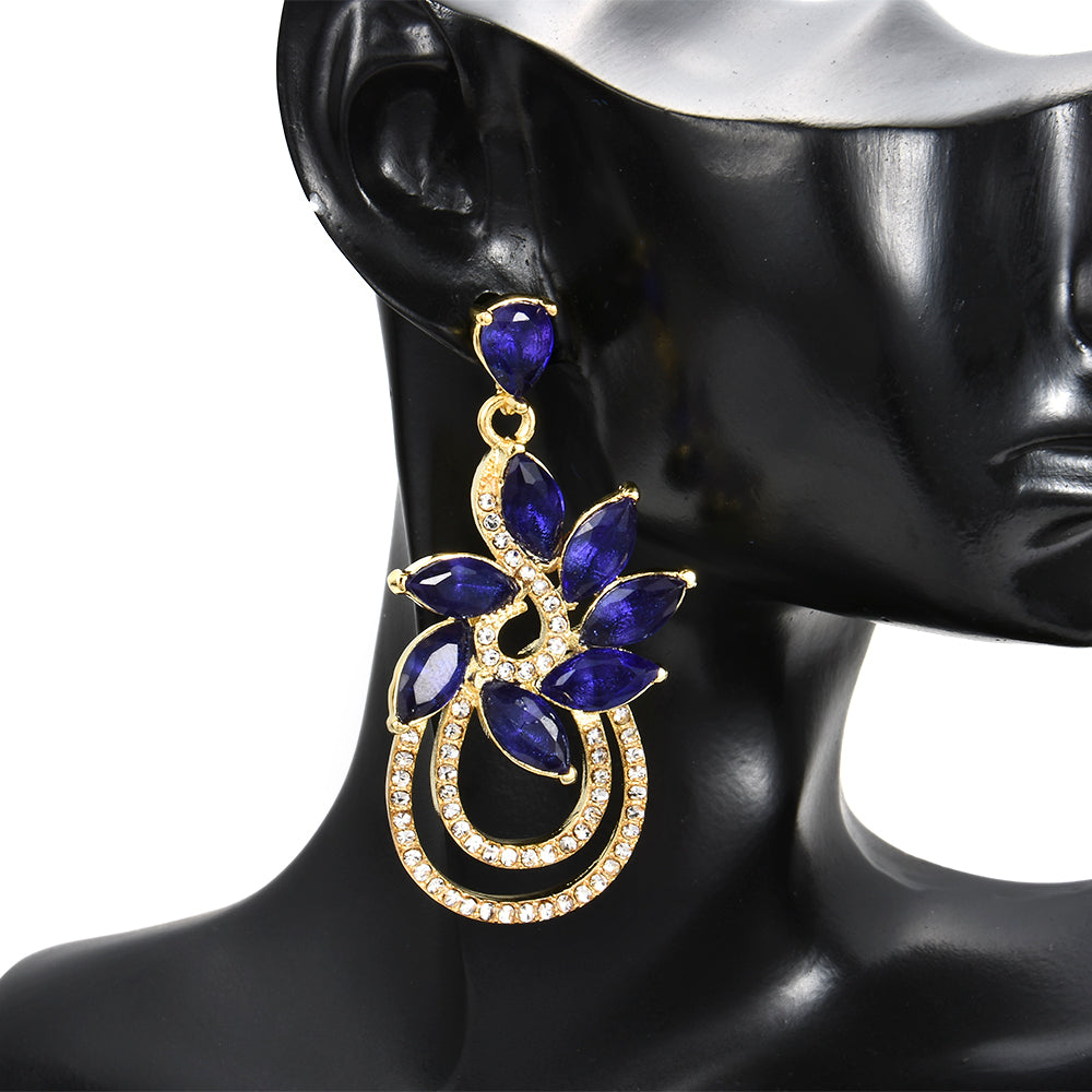 Fashion Women Girl Big Blue Rhinestone Crystal Flower Shape Pendant Earrings Wedding Party Bride Dangle Drop Earring Jewelry