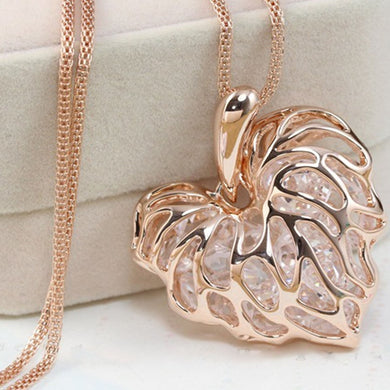 Fashion Women Hollow Gold Silver Heart Crystal Rhinestone Pendant Long Chain Necklace Sweater Necklace