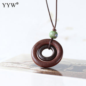 Fashion Wood Pendant Necklace Boho Jewelry Gift for Women Vintage Long Maxi Collier Porcelain Beads Charm Adjustable Cord Chain