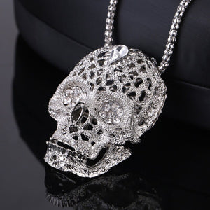 Fashion boutique mosaic zircon shiny skull man necklace wild retro long punk style sweater pendant banquet gift jewelry