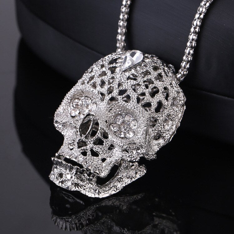 Fashion boutique mosaic zircon shiny skull man necklace wild retro long punk style sweater pendant banquet gift jewelry