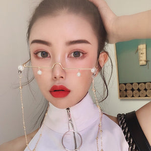 Fashion glasses women female vintage no lense glasses elegant eyeglasses frame half frame pearl chain spectacle frame unisex